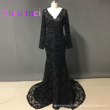 Black Prom Dresses vestiods de noiva Long Sleeves with Lace Evening Gowns